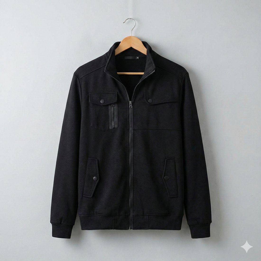 1 Pc Men's Stitched Fleece Zipper Jacket, Black